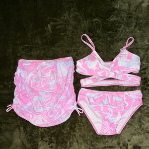 Girls Pink Swirl 3-Piece Swim Set - Tankini Top, Bikini Bottom & Skirt